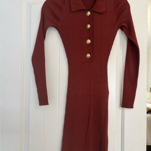 Good American Burgundy Ribbed Dress with Gold Buttons